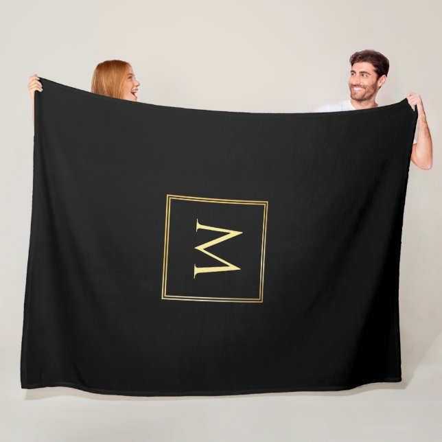 Custom Black And Gold Elegant Monogrammed Fleece Blanket (In Situ)