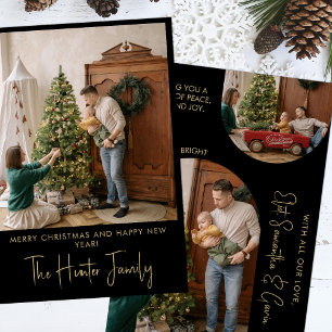 Custom Black and Gold Minimalist Arch Family Photo Holiday Card