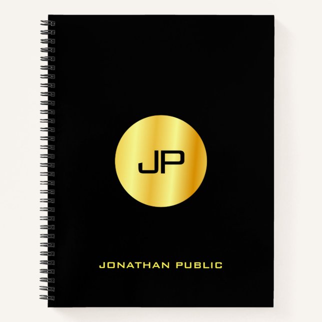Custom Black And Gold Monogram Elegant Modern Notebook (Front)