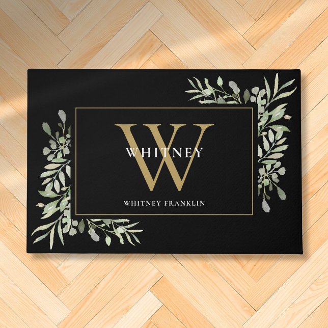 Custom Black And Gold Monogram Greenery Floral Doormat (Custom Black And Gold Monogram Greenery Floral Doormat)