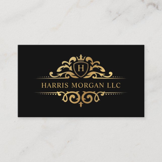Custom  Black And Gold Royal Monogram Professional Business Card (Front)