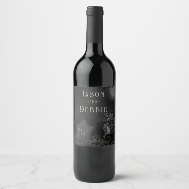 Custom Black and Grey Floral Gothic Wedding Wine Label (Front)