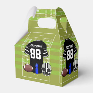 Custom Black and Grey Football Jersey on Field Favor Box