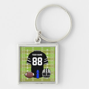 Custom Black and Grey Football Jersey on Field Keychain