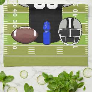 Custom Black and Grey Football Jersey on Field Kitchen Towel