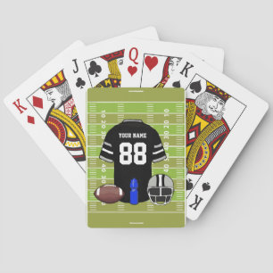 Custom Black and Grey Football Jersey on Field Playing Cards