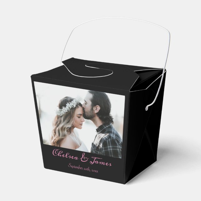 Custom Black and Pink Calligraphy Wedding Photo Favor Box (Front Side)