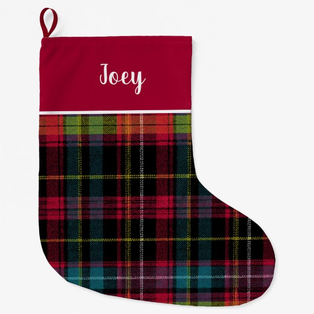 Custom Black and Pink Plaid Gingham Pattern  Large Christmas Stocking (Front)