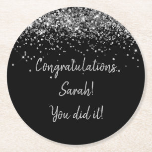 Custom Black and Silver Graduation Party Sparkle Round Paper Coaster