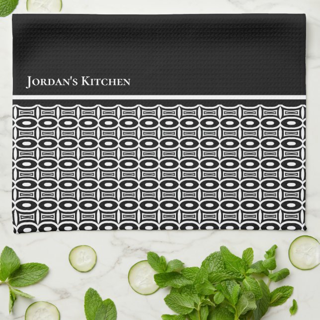 Custom Black and White Abstract Pattern Kitchen Towel (Folded)