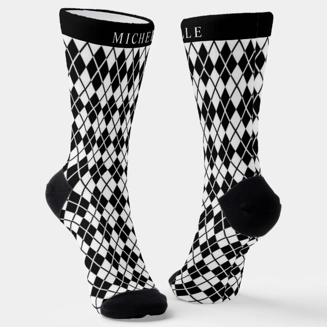 Custom Black And White Argyle Pattern Socks (Angled)