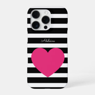 Custom Black and White Bold Striped Pink Heart  iPhone 16 Pro Case