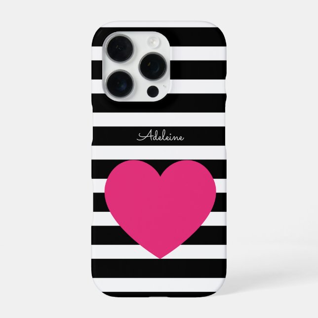 Custom Black and White Bold Striped Pink Heart  iPhone Case (Back)