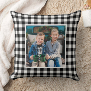 Custom Black and White Buffalo Plaid Holiday Photo Throw Pillow