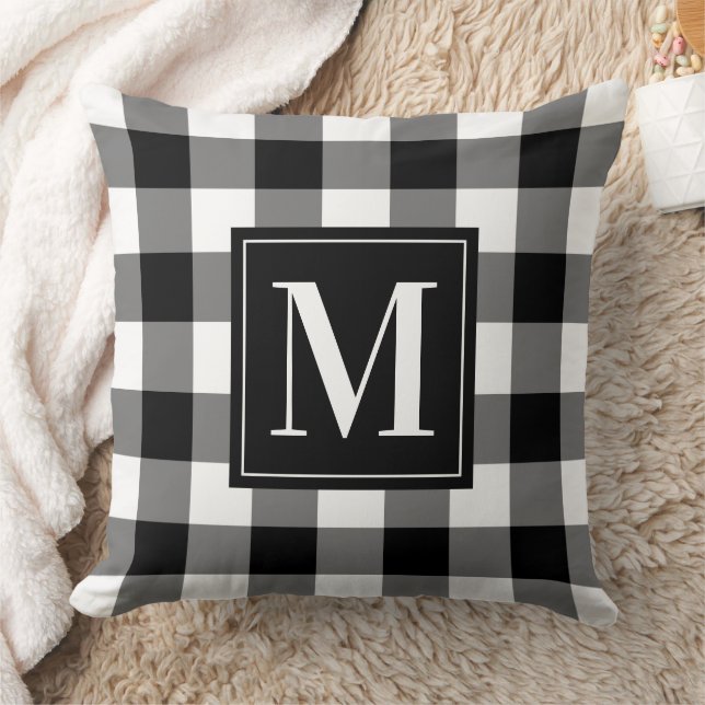 Custom Black and White Buffalo Plaid Monogram Throw Pillow (Blanket)