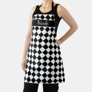 Custom black and white chequered pattern kitchen apron