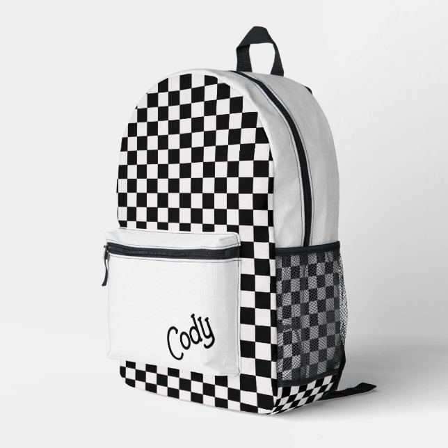 Custom Black and White Chequered  Printed Backpack (Back Corner Right)