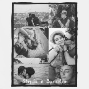 Custom Black and White Couple Photo Collage Names Fleece Blanket