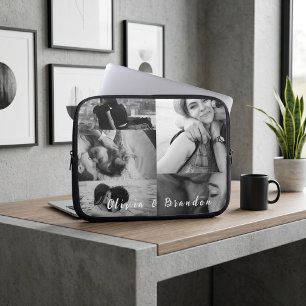 Custom Black and White Couple Photo Collage Names Laptop Sleeve