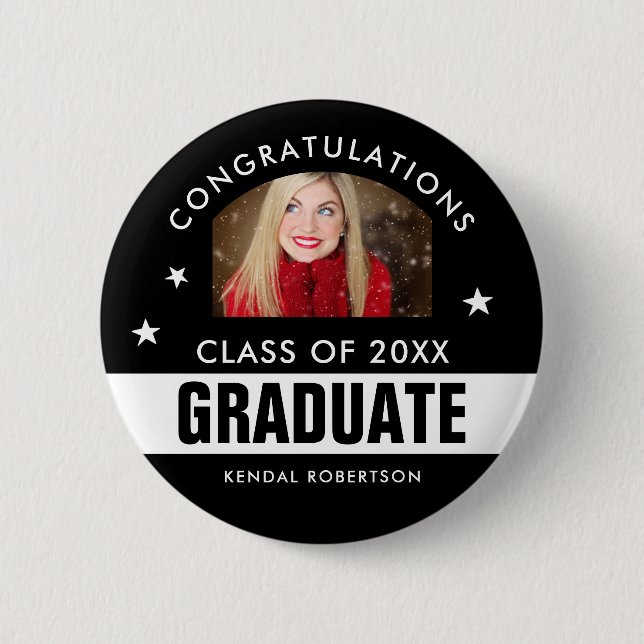 Custom Black and White Graduation Photo Button (Front)