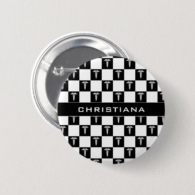 Custom Black and White Medical Symbol Caduceus 2 Inch Round Button (Front & Back)