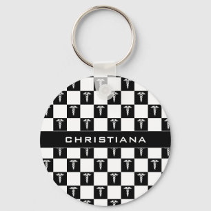Custom Black and White Medical Symbol Caduceus Keychain