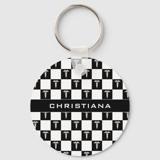 Custom Black and White Medical Symbol Caduceus Keychain (Front)