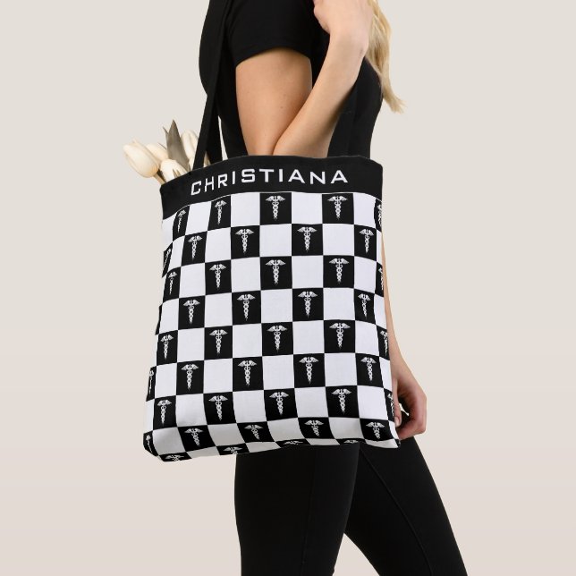 Custom Black and White Medical Symbol Caduceus Tote Bag (Close Up)