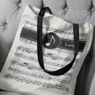 Custom black and white musical notes tote bag