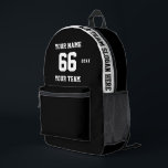 Custom black and white Name, Number, Team Sport Printed Backpack<br><div class="desc">Create your own custom black and white Sport Football Style Printed Backpack with Name, Number, Team Name, Slogan and Year. Personalize this simple classic Printed Backpack template with your custom message, name, team name and year. Easily personalize it for a cool sport keepsake. Create your unique personalized gift for coach,...</div>