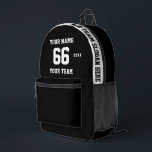 Custom black and white Name, Number, Team Sport Printed Backpack<br><div class="desc">Create your own custom black and white Sport Football Style Printed Backpack with Name, Number, Team Name, Slogan and Year. Personalize this simple classic Printed Backpack template with your custom message, name, team name and year. Easily personalize it for a cool sport keepsake. Create your unique personalized gift for coach,...</div>