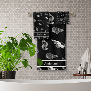 Custom Black and White Nautical Seashell Bathroom  Bath Towel Set
