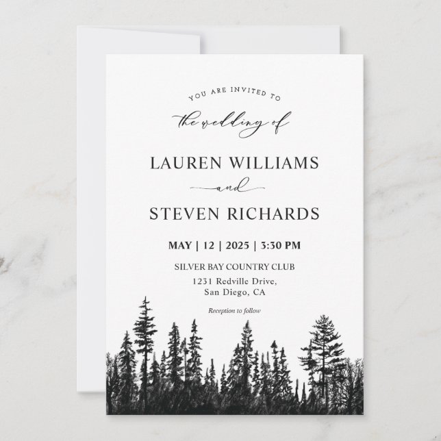 Custom Black and White Pine Tree Woods Wedding Invitation (Front)