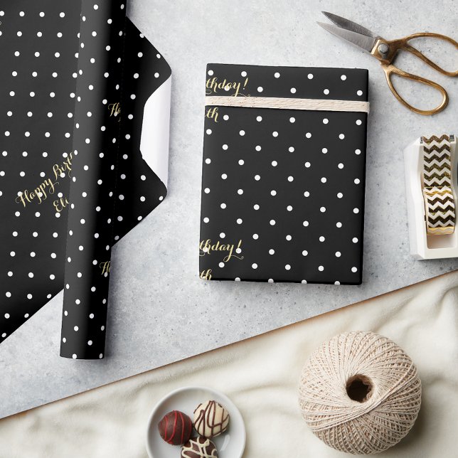 Custom Black and White Polka Dot Faux Gold Script Wrapping Paper (Custom Black and White Polka Dot Faux Gold Script Wrapping Paper)