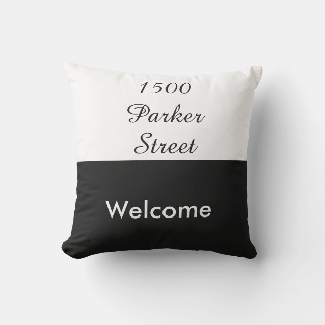 Custom Black and White Street Address Welcome Throw Pillow (Front)
