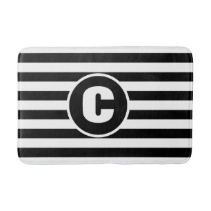 Custom Black And White Striped Monogram Bath Mat