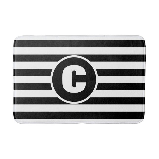 Custom Black And White Striped Monogram Bath Mat (Front)