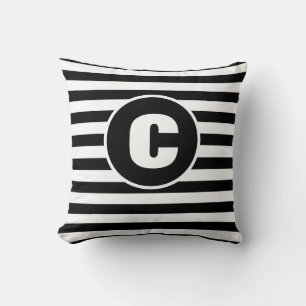Custom Black And White Striped Monogram Pillow