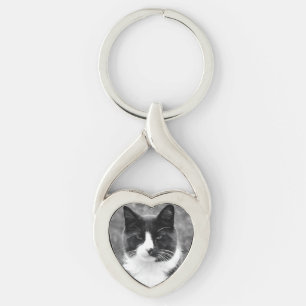 Custom Black and White Tuxedo Cat Photo Keychain