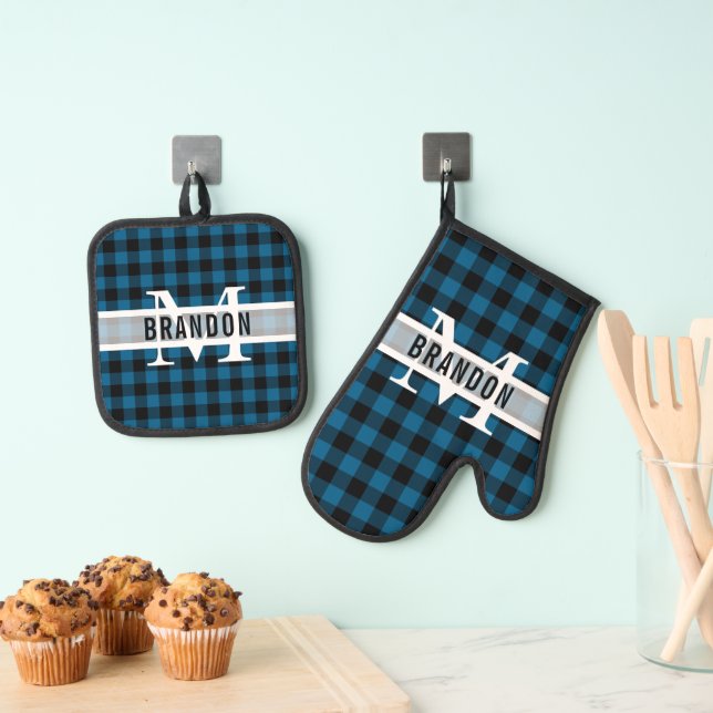 Custom Black Blue Buffalo Lumberjack Plaid Pattern Oven Mitt & Pot Holder Set (Insitu(Hanging))