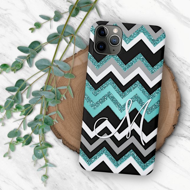 Custom Black Blue Turquoise Silver Zigzag Pattern iPhone Case (Creator Uploaded)