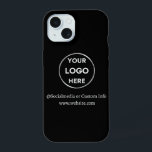 Custom Black Business Logo Branded iPhone 15 Case<br><div class="desc">Promote your brand with this customizable Iphone Case. This design features your own logo and social media information, along with a space for a custom homepage address. Perfect for giveaways, trade shows, and other promotional events. Need help with personalization? Contact us using the message button below for assistance.</div>