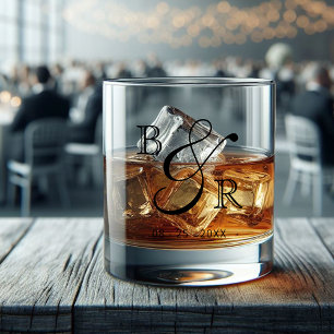 Custom Black Calligraphy Couple Names Initials Whiskey Glass