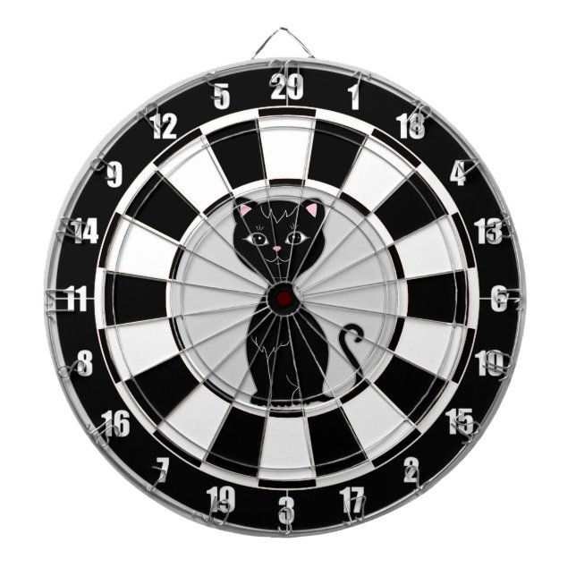 Custom Black Cat Cartoon on Black & White Dartboard (Front)
