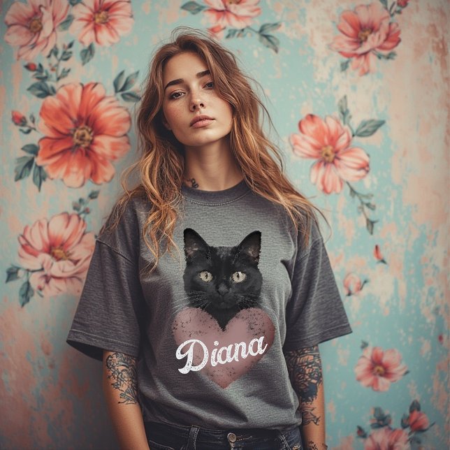 Custom Black Cat Heart T-Shirt – Personalized Name (Creator Uploaded)