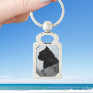 Custom Black Cat Photo Pet Lover Silver Keychain