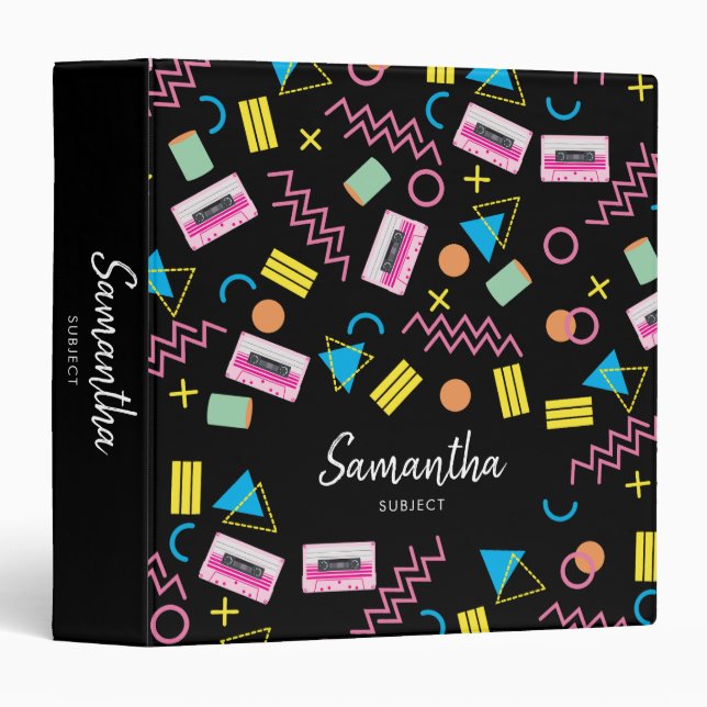 Custom Black Colourful Eighties 80's Retro Pattern Binder (Front/Spine)