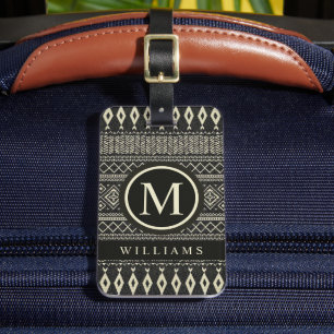 Custom Black Cream White Grey Aztec Pattern Luggage Tag