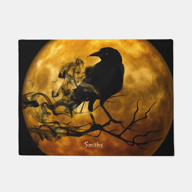 Custom Black Crow Halloween Moon Door Mat (Front)