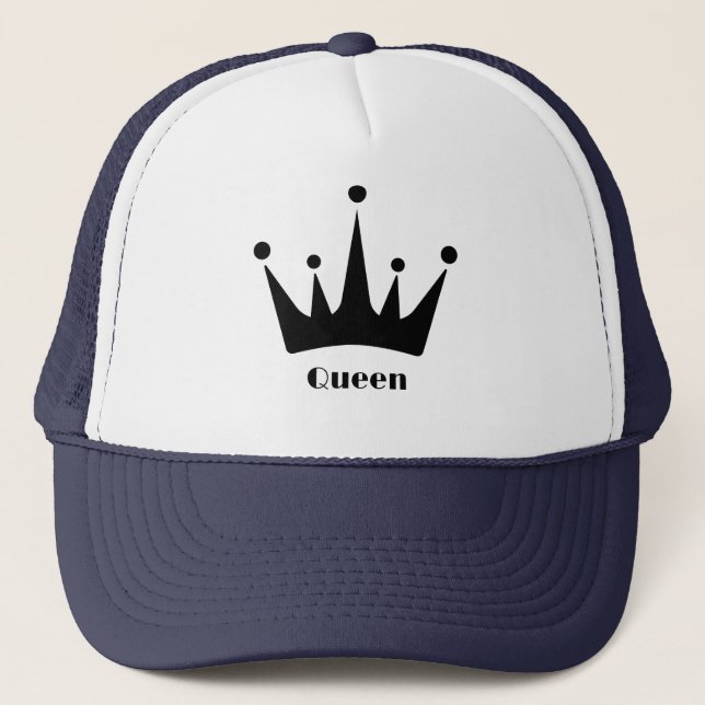 Custom Black Crown Image Queen Text White and Navy Trucker Hat (Front)